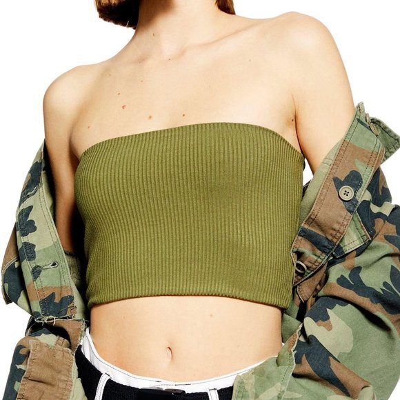 Topshop Other - Topshop olive green ribbed lined cropped strapless bandeau tube top 6 or small